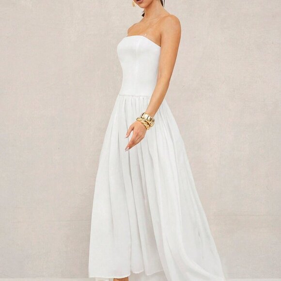 White Boho Women's Beach Vacation Long Dress With Bandeau Top - Picture 5 of 7